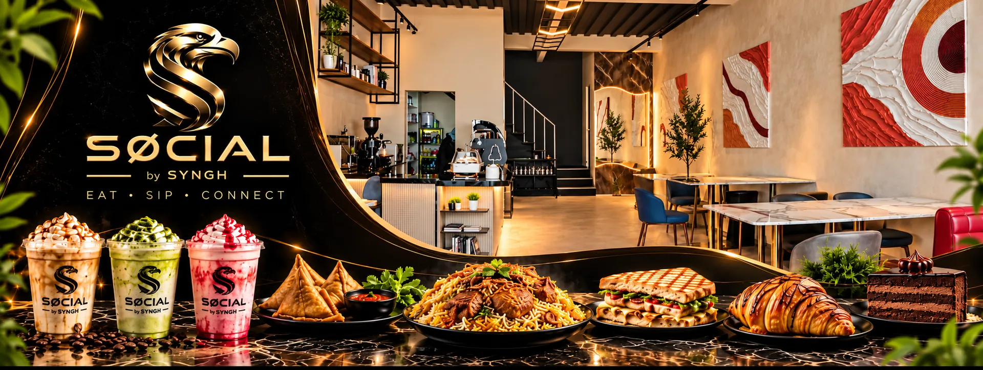 SØCIAL by SYNGH restaurant interior, signature drinks and a selection of dishes